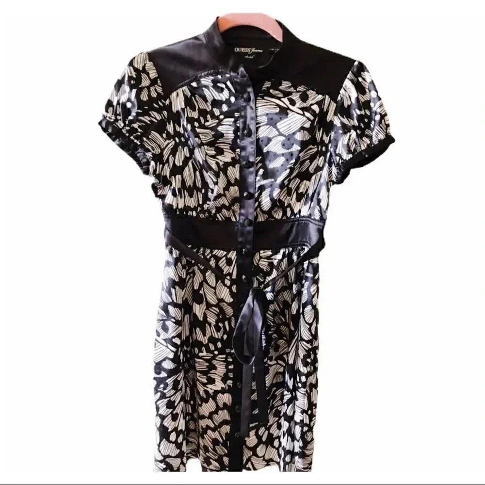 Guess Black White Short Sleeve Button Down Kimono Dress SZ XS